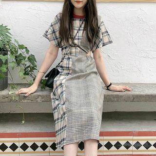 Short-sleeve Plaid Paneled Cutout Midi A-line Dress