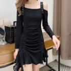 Cold-shoulder Drawstring Mini A-line Dress Black - One Size