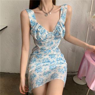 Sleeveless Floral Print Mini Sheath Dress Blue Flowers - White - One Size