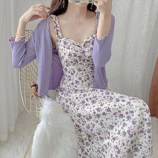 Ruffle Strap Floral Print Midi Dress / Ribbed Cardigan / Set