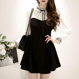 Tie-neck Sheer-panel A-line Dress