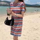 Short-sleeve Crew Neck Pattern Knit Dress As Shown In Figure - One Size