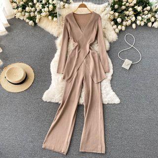 Set Of 2 : V-neck Asymmetrical Slit Long-sleeve Top + High-waist Wide-leg Knit Pants