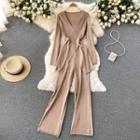 Set Of 2 : V-neck Asymmetrical Slit Long-sleeve Top + High-waist Wide-leg Knit Pants