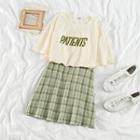 Short-sleeve Lettering T-shirt / Plaid Mini A-line Skirt