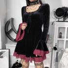 Bell-sleeve Scoop-neck Lace-up Mini A-line Dress