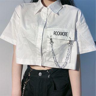 Lettering Embroidered Elbow-sleeve Cropped Shirt