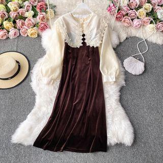 Lace-trim Collar Puff Sleeve Velvet Dress