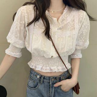 Short-sleeve Lace Cropped Blouse White - One Size