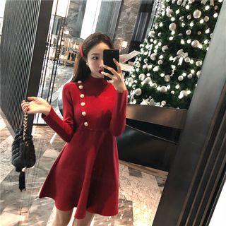 Long-sleeve A-line Knit Dress Red - One Size