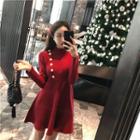 Long-sleeve A-line Knit Dress Red - One Size