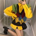 Color-block Knit Vest / Plain Long-sleeve Loose-fit Shirt