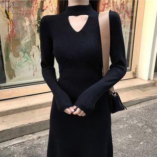 Long-sleeve A-line Midi Knit Dress Black - One Size