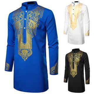 Long-sleeve Stand Collar Metallic Print Tunic Shirt