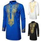 Long-sleeve Stand Collar Metallic Print Tunic Shirt