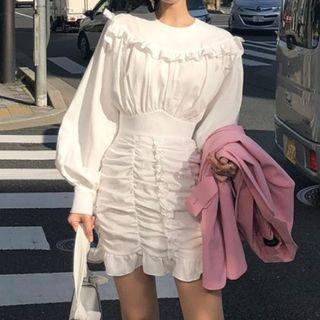 Long-sleeve Ruffled Ruched Mini Sheath Dress