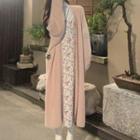 Set: Floral Midi A-line Dress + Plain Midi Cardigan + Mock-neck T-shirt