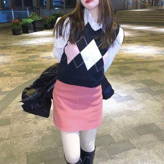 Puff-sleeve Shirt / Argyle Sweater Vest / Mini Pencil Skirt