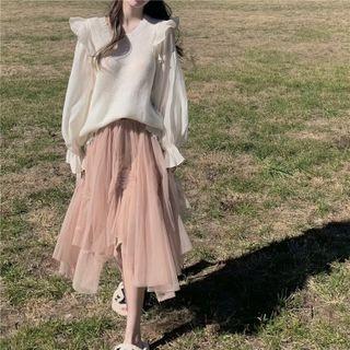 Plain Knit Sweater / Pleated Mesh Skirt