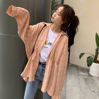 Plaid Long-sleeve Shirt Pink - One Size