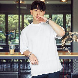 Crew-neck Elbow-sleeve Plain T-shirt