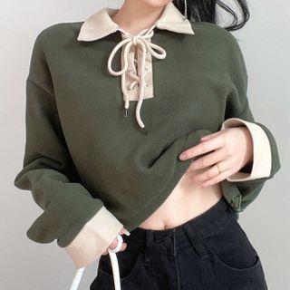 Polo-neck Two-tone Fleece Sweatshirt