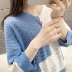 Two-tone 3/4-sleeve V-neck Sweater