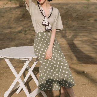 Set: Dotted Panel Short-sleeve T-shirt + Dotted Midi A-line Skirt