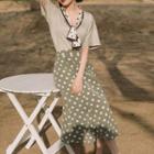 Set: Dotted Panel Short-sleeve T-shirt + Dotted Midi A-line Skirt