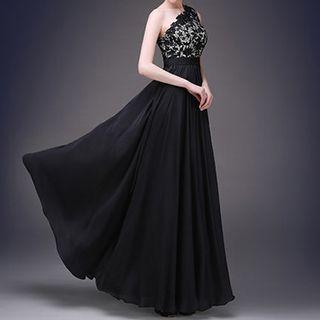 One-shoulder Lace Panel A-line Evening Gown