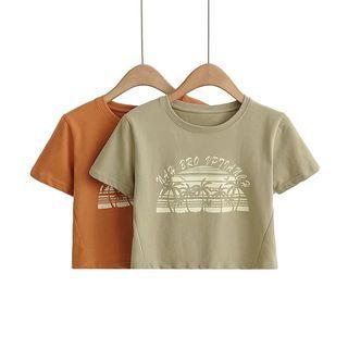 Short-sleeve Tree Print Cropped T-shirt