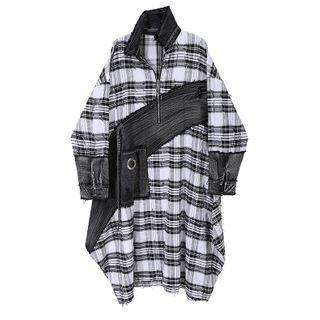 Denim Panel Long-sleeve A-line Dress Gray & White - One Size