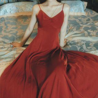 Open Back Faux Pearl Spaghetti Strap Maxi A-line Dress