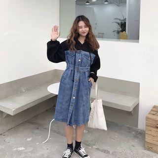 Mock Two Piece Denim Panel Hooded Dress