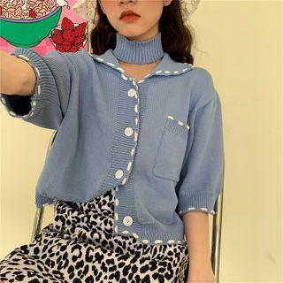 V-neck Elbow-sleeve Knit Top / Leopard A-line Skirt