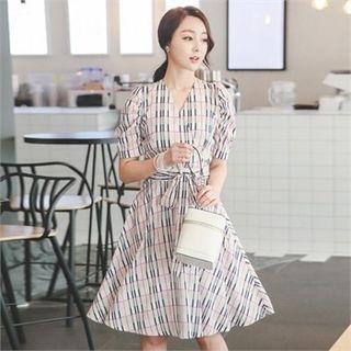 Shirred-sleeve Plaid A-line Dress
