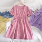 Square Collar Buttoned A-line Dress With Cross Bag
