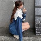 Ribbon-accent Sleeveless Mini Dress / Patchwork Denim Jacket