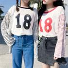 Lettering Striped Panel Long Sleeve Knit T-shirt