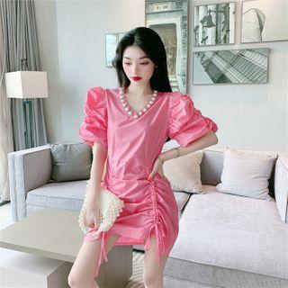 Puff-sleeve Studded Drawstring Slim Fit Dress