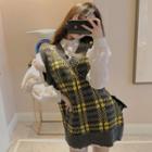 Plaid Knit Vest / Lantern-sleeve Shirt Dress