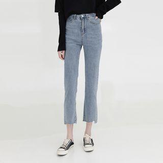High-waist Cutout-hem Straight-cut Cropped Jeans
