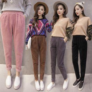 Plain High-waist Corduroy Harem Pants