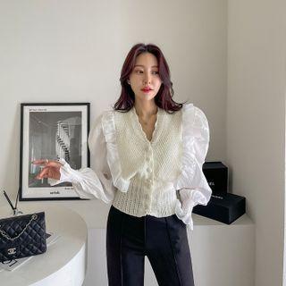 Contrast-sleeve Two-way Frilled Cardigan