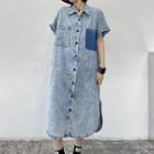 Short-sleeve Washed Midi A-line Denim Dress Blue - One Size