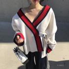 V-neck Color Block Cardigan White - One Size