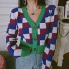 Checkerboard Cardigan Cardigan - Red & Blue & Green - One Size
