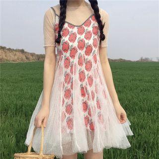 Set: Printed Spaghetti Strap Dress + Mesh Short-sleeve Dress