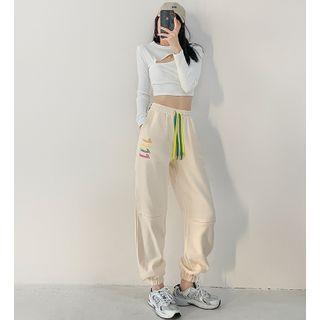 Embroidered Knee-zipper Loose-fit Harem Pants