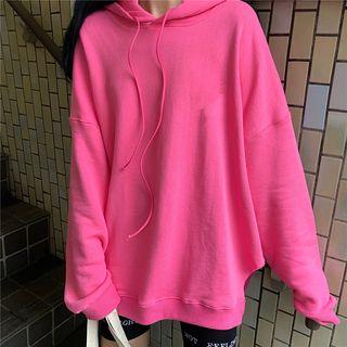 Long-sleeve Plain Hooded Pullover Cherry Pink - One Size